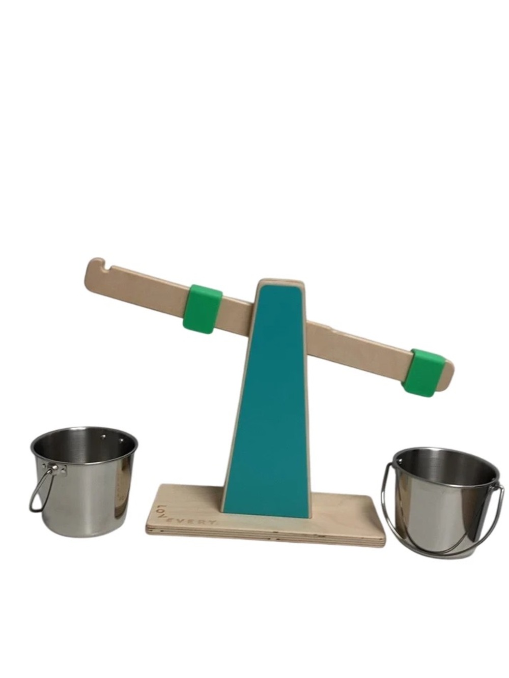 Lovevery scale and pails Teal Wooden Balance Scale Toy with Metal Buckets